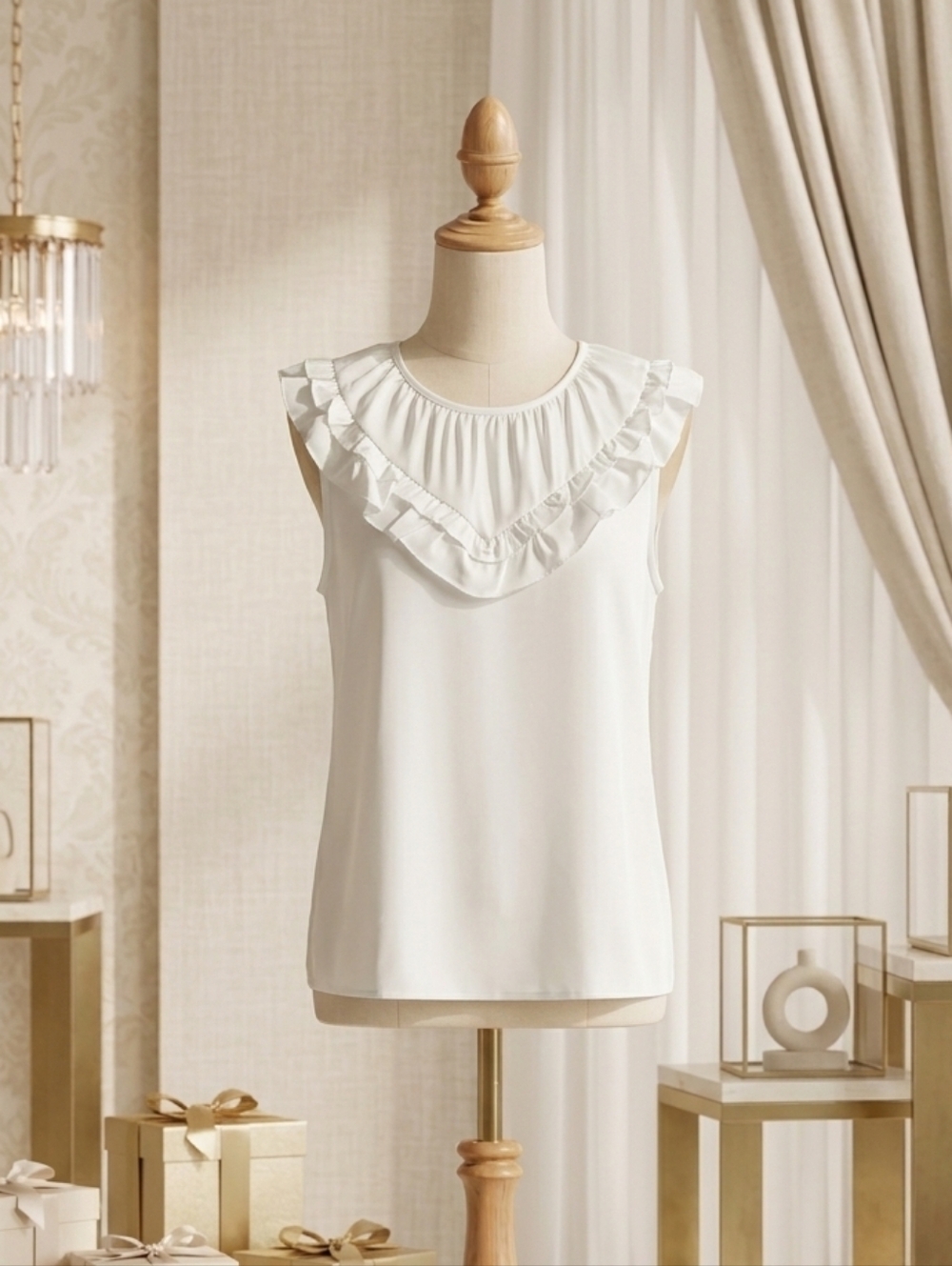 Wholesalesir – Delicate White Ruffle Neck Sleeveless Blouse